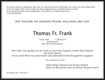 Traueranzeige von Thomas Frank von Giessener Allgemeine, Alsfelder Allgemeine