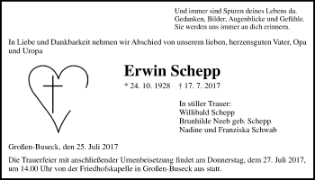 Traueranzeige von Erwin Schepp von Giessener Allgemeine, Alsfelder Allgemeine