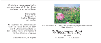 Traueranzeige von Wilhelmine Hof von Wetterauer Zeitung, Wetterauer Zeitung