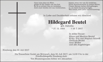 Traueranzeige von Hildegard Beutel von Alsfelder Allgemeine