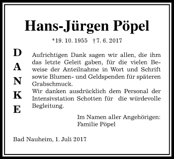 Traueranzeige von Hans-Jürgen Pöpel von Wetterauer Zeitung, Wetterauer Zeitung