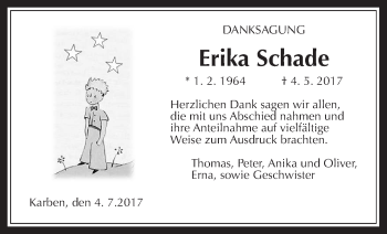 Traueranzeige von Erika Schade von Wetterauer Zeitung, Wetterauer Zeitung