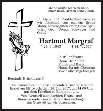 Traueranzeige von Hartmut Margraf von Wetterauer Zeitung, Wetterauer Zeitung