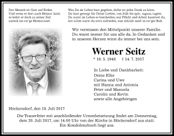 Traueranzeige von Werner Seitz von Giessener Allgemeine, Alsfelder Allgemeine
