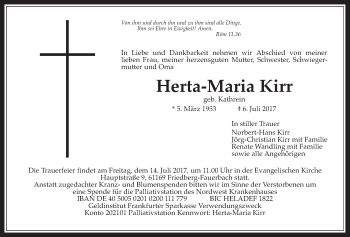 Traueranzeige von Herta-Maria Kirr von Wetterauer Zeitung, Wetterauer Zeitung