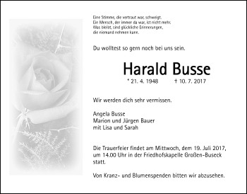 Traueranzeige von Harald Busse von Giessener Allgemeine, Alsfelder Allgemeine