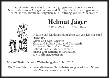 Traueranzeige von Helmut Jäger von Giessener Allgemeine, Alsfelder Allgemeine