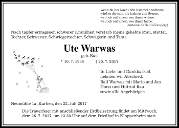 Traueranzeige von Ute Warwas von Wetterauer Zeitung, Wetterauer Zeitung