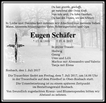 Traueranzeige von Eugen Schäfer von Wetterauer Zeitung, Wetterauer Zeitung