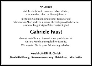 Traueranzeige von Gabriele Faust von Wetterauer Zeitung, Wetterauer Zeitung