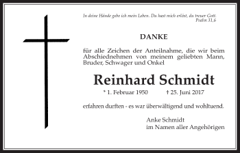 Traueranzeige von Reinhard Schmidt von Wetterauer Zeitung, Wetterauer Zeitung