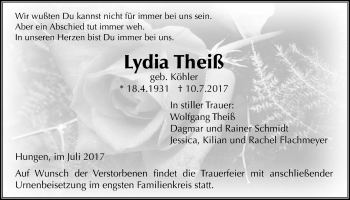 Traueranzeige von Lydia Theiß von Licher Wochenblatt, Licher Wochenblatt, Licher Wochenblatt