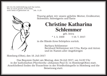 Traueranzeige von Christine Katharina Schlemmer von Alsfelder Allgemeine