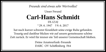 Traueranzeige von Carl-Hans Schmidt von Giessener Allgemeine, Alsfelder Allgemeine