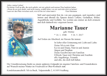Traueranzeige von Marianne Tauer von Wetterauer Zeitung, Wetterauer Zeitung