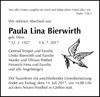 Traueranzeige von Paula Lina Bierwirth von Giessener Allgemeine, Alsfelder Allgemeine