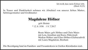 Traueranzeige von Magdalene Höfner von Giessener Allgemeine, Alsfelder Allgemeine