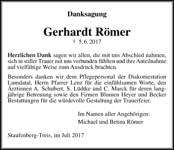 Traueranzeige von Gerhardt Römer von Giessener Allgemeine, Alsfelder Allgemeine