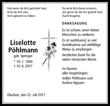 Traueranzeige von Liselotte Pöhlmann von Wetterauer Zeitung