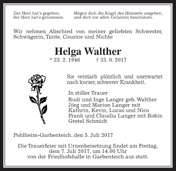 Traueranzeige von Helga Walther von Wetterauer Zeitung, Wetterauer Zeitung, Giessener Allgemeine, Alsfelder Allgemeine