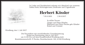 Traueranzeige von Herbert Kössler von Wetterauer Zeitung, Wetterauer Zeitung