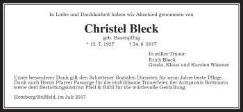 Traueranzeige von Christel Bleck von Alsfelder Allgemeine