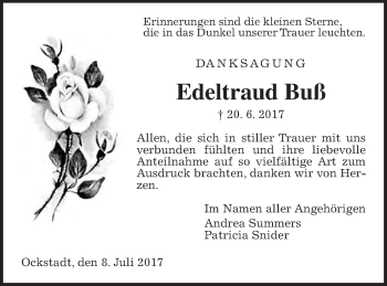 Traueranzeige von Edeltraud Buß von Wetterauer Zeitung, Wetterauer Zeitung, Giessener Allgemeine, Alsfelder Allgemeine, Wetterauer Zeitung, Wetterauer Zeitung