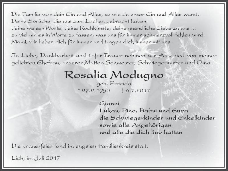  Traueranzeige für Rosalia Modugno vom 13.07.2017 aus Licher Wochenblatt, Licher Wochenblatt, Licher Wochenblatt