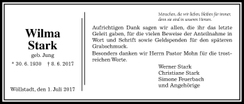 Traueranzeige von Wilma Stark von Wetterauer Zeitung, Wetterauer Zeitung