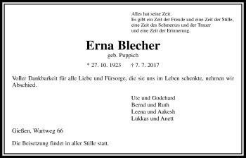 Traueranzeige von Erna Blecher von Giessener Allgemeine, Alsfelder Allgemeine