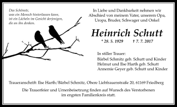 Traueranzeige von Heinrich Schutt von Wetterauer Zeitung, Wetterauer Zeitung