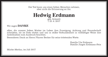 Traueranzeige von Hedwig Erdmann von Giessener Allgemeine, Alsfelder Allgemeine