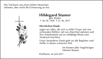 Traueranzeige von Hildegard Stamer von Giessener Allgemeine, Alsfelder Allgemeine