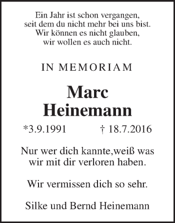 Traueranzeige von Marc Heinemann von Giessener Allgemeine, Alsfelder Allgemeine