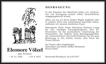 Traueranzeige von Eleonore Völzel von Giessener Allgemeine, Alsfelder Allgemeine