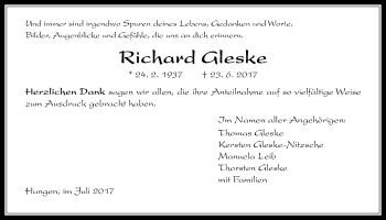 Traueranzeige von Richard Gleske von Giessener Allgemeine, Alsfelder Allgemeine