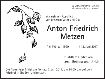 Traueranzeige von Anton Friedrich Metzen von Giessener Allgemeine, Alsfelder Allgemeine