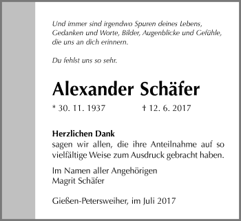 Traueranzeige von Alexander Schäfer von Giessener Allgemeine, Alsfelder Allgemeine