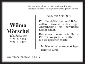 Traueranzeige von Wilmar Mörschel von Wetterauer Zeitung, Wetterauer Zeitung