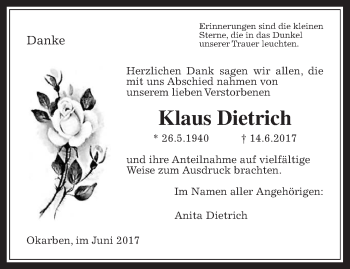 Traueranzeige von Klaus Dietrich von Wetterauer Zeitung, Wetterauer Zeitung