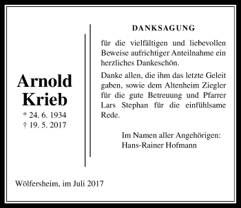 Traueranzeige von Arnold Krieb von Wetterauer Zeitung, Wetterauer Zeitung