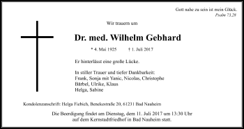 Traueranzeige von Wilhelm Gebhard von Wetterauer Zeitung, Wetterauer Zeitung