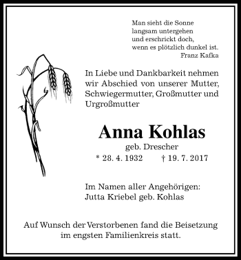 Traueranzeige von Anna Kohlas von Wetterauer Zeitung, Wetterauer Zeitung