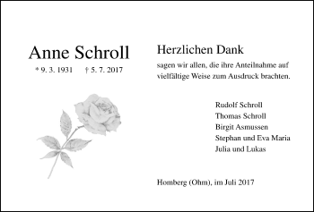 Traueranzeige von Anne Schroll von Alsfelder Allgemeine