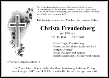 Traueranzeige von Christa Freudenberg von Giessener Allgemeine, Alsfelder Allgemeine