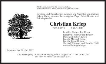 Traueranzeige von Christian Kriep von Giessener Allgemeine, Alsfelder Allgemeine
