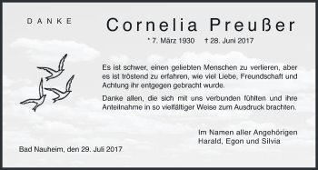 Traueranzeige von Cornelia Preußer von Wetterauer Zeitung, Wetterauer Zeitung