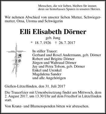 Traueranzeige von Elli Elisabeth Dörner von Giessener Allgemeine, Alsfelder Allgemeine