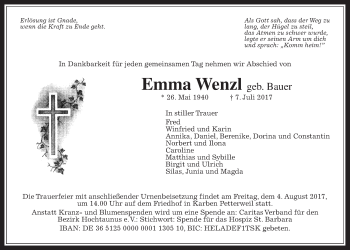 Traueranzeige von Emma Wenzl von Wetterauer Zeitung, Wetterauer Zeitung