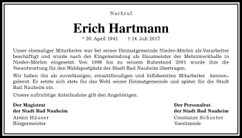 Traueranzeige von Erich Hartmann von Wetterauer Zeitung, Wetterauer Zeitung